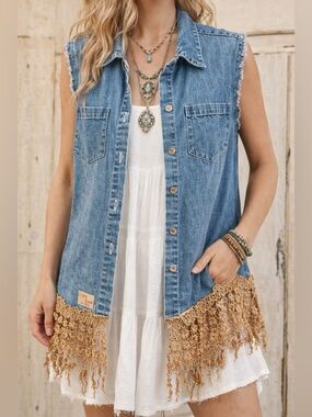 Montana Blues Denim Vest w/ Lace Fringe Hem | Boho Western Gypsy South | Medium